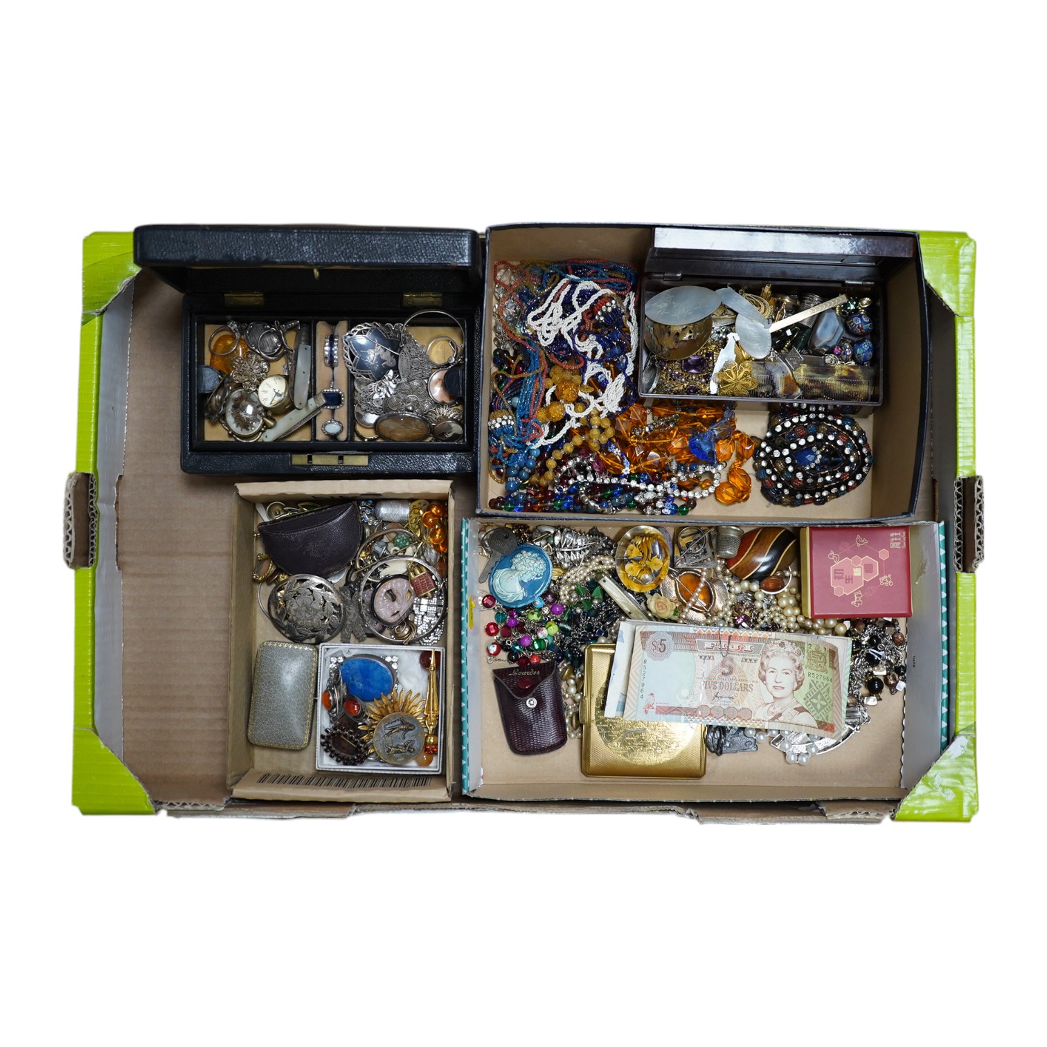 A quantity of assorted jewellery including costume and other items including bank notes, shell counters, etc. Condition - poor to fair to good